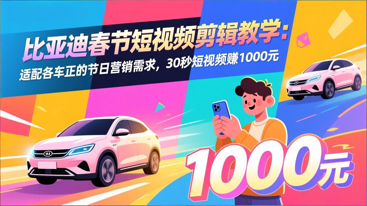 比亚迪春节短视频剪辑教学:适配各车企的节日营销需求,30秒短视频赚1000元-云网创