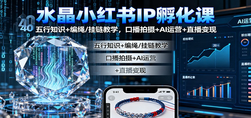 水晶小红书IP孵化课：五行知识+编绳/挂链教学，口播拍摄+AI运营+直播变现-云网创
