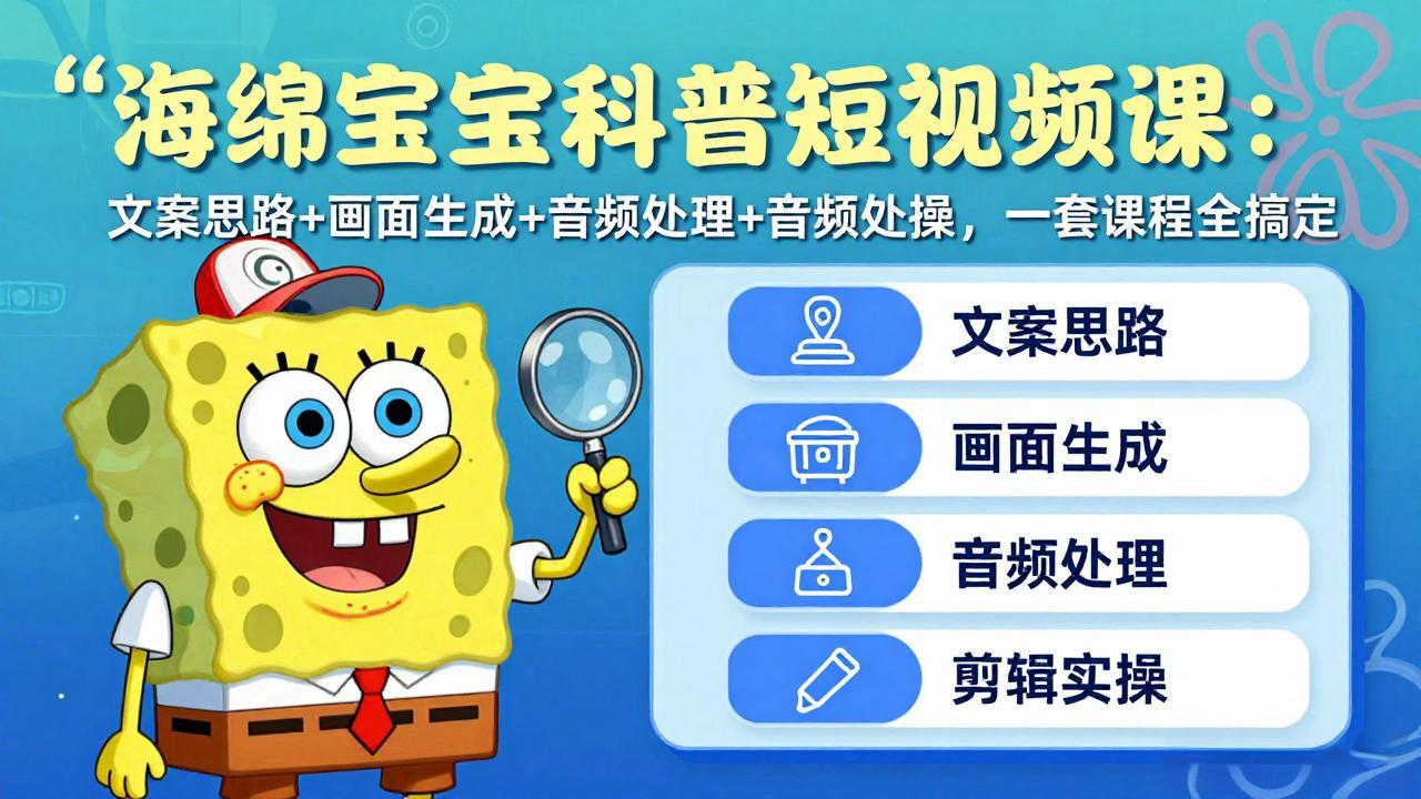 海绵宝宝科普短视频课:文案思路+画面生成+音频处理+剪辑实操,一套课程全搞定-云网创