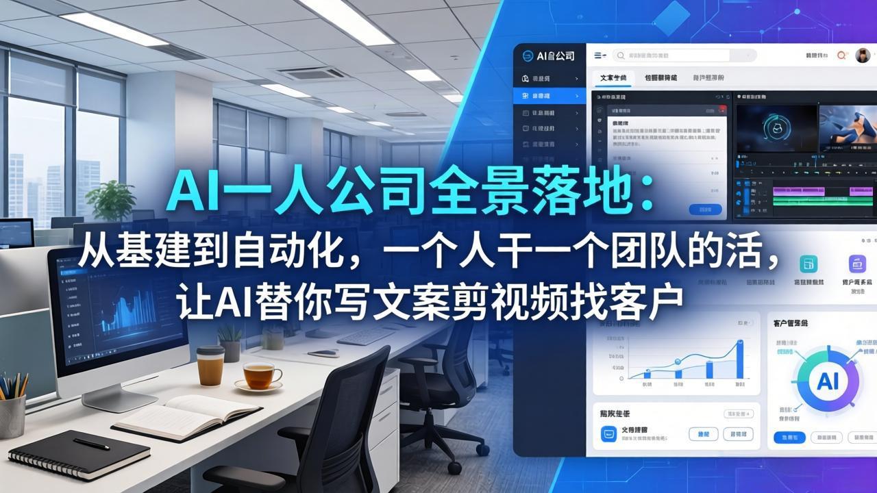 AI一人公司全景落地:从基建到自动化,一个人干一个团队的活,让AI替你写文案剪视频找客户-云网创