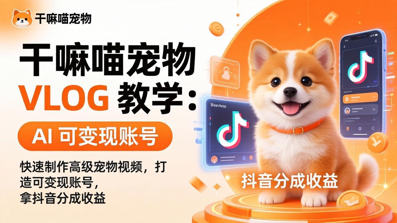 干嘛喵宠物 VLOG 教学:AI 快速制作高级宠物视频,打造可变现账号,拿抖音分成收益-云网创