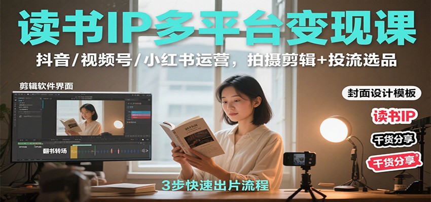 读书IP多平台变现课：抖音/视频号/小红书运营，拍摄剪辑+投流选品-云网创