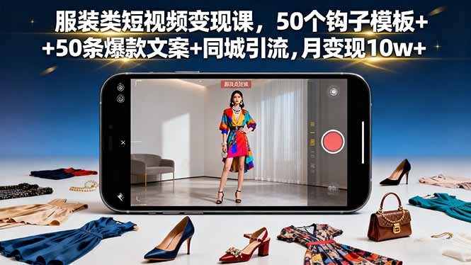 服装类短视频变现课,50个钩子模板+50条爆款文案+同城引流,月变现10w+-云网创