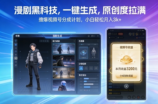 漫剧黑科技，一键生成，原创度拉满，撸爆视频号分成计划，小白轻松月入3k+-云网创