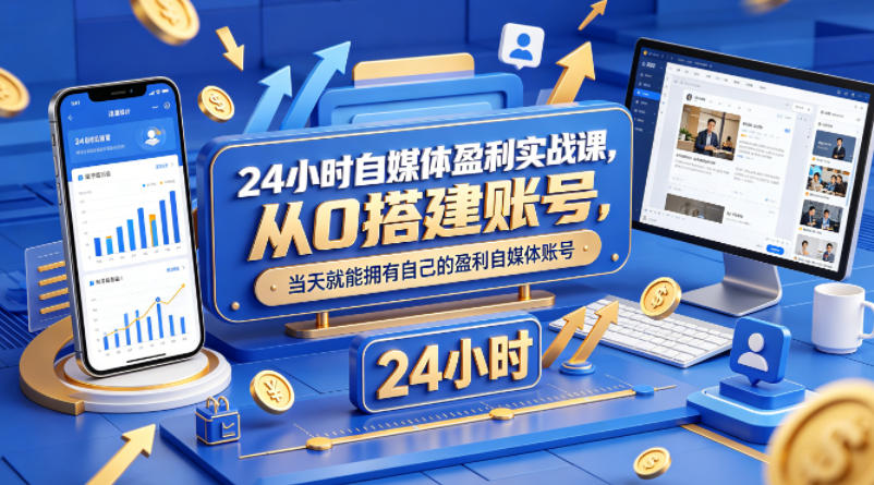 24小时自媒体盈利实战课，从0搭建账号，当天就能拥有自己的盈利自媒体账号-云网创