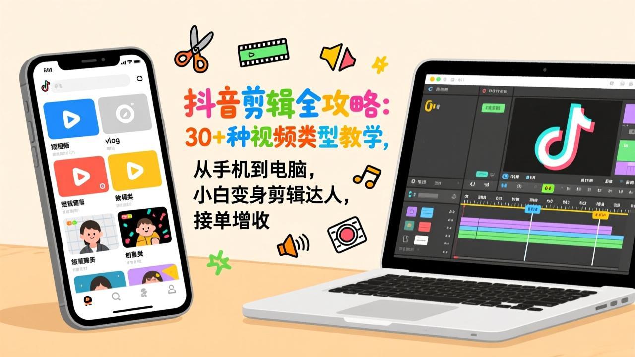 抖音剪辑全攻略：30+种视频类型教学，从手机到电脑，小白变身剪辑达人，接单增收-云网创