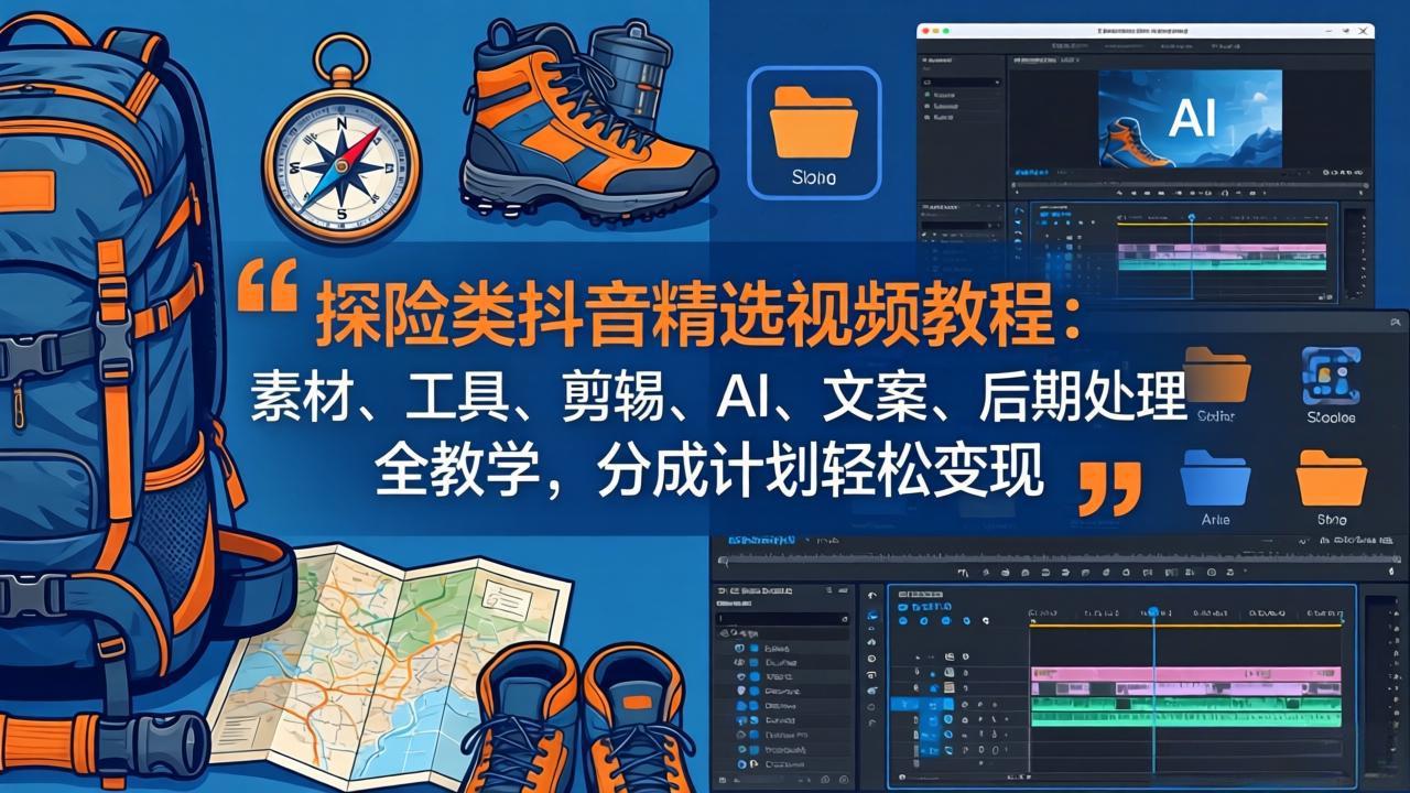 探险类抖音精选视频教程：素材、工具、剪辑、AI、文案、后期处理全教学，分成计划轻松变现-云网创