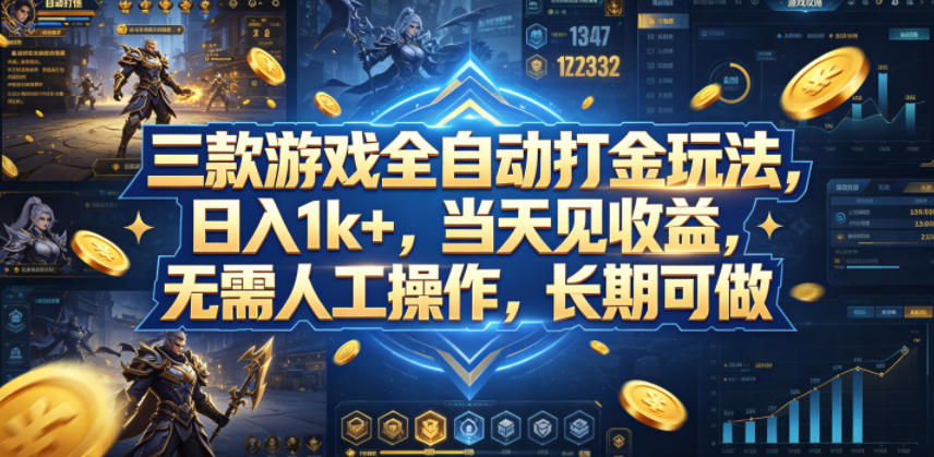 三款游戏全自动打金玩法，日入1k+，当天见收益，无需人工操作，长期可做【揭秘】-云网创
