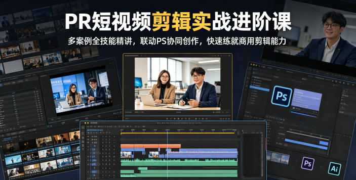 PR短视频剪辑实战进阶课,多案例全技能精讲,联动PS协同创作,快速练就商用剪辑能力-云网创