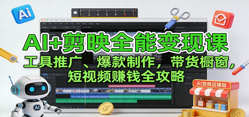 AI+剪映全能变现课：工具推广、爆款制作、带货橱窗，短视频赚钱全攻略-云网创