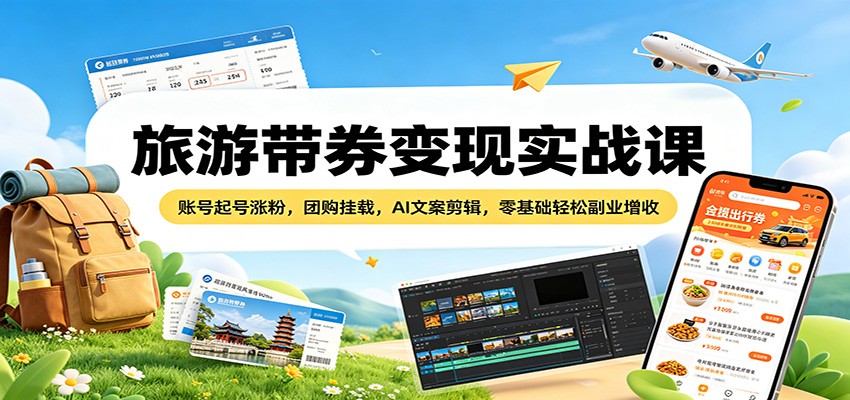 旅游带券变现实战课：账号起号涨粉，团购挂载，AI文案剪辑，零基础轻松副业增收-云网创