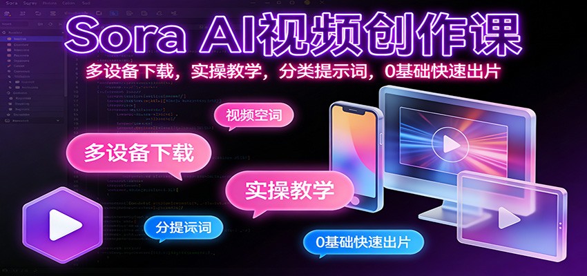 Sora AI视频创作课:多设备下载,实操教学,分类提示词,0基础快速出片-云网创