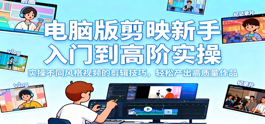 电脑版剪映新手入门到高阶实操,实操不同风格视频的剪辑技巧,轻松产出高质量作品-云网创