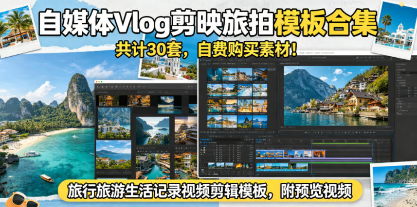自媒体Vlog剪映旅拍模板合集,共计30套,自费购买素材!旅行旅游生活记录视频剪辑模板,附预览视频-云网创