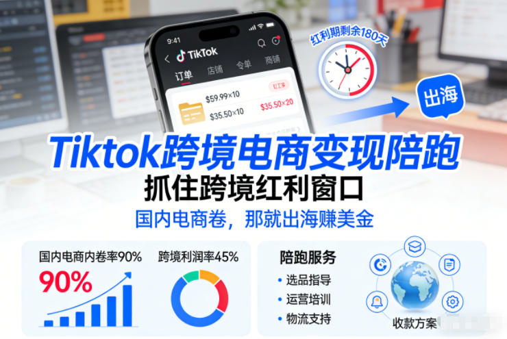 Tiktok跨境电商变现陪跑，抓住跨境红利窗口，国内电商卷，那就出海賺美金-云网创