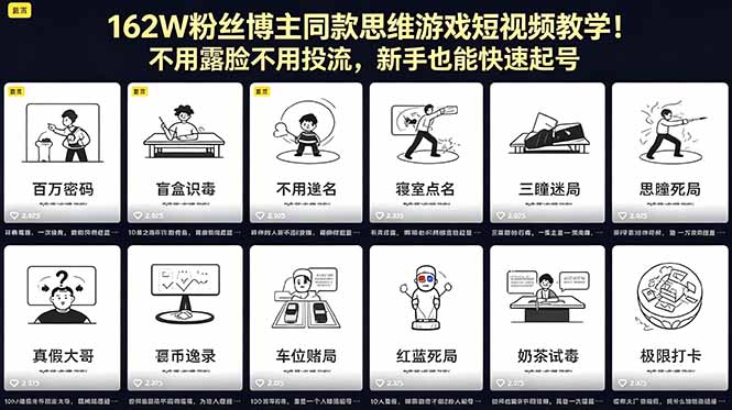 162W粉丝博主同款思维游戏短视频教学!不用露脸不用投流,新手也能快速起号-云网创