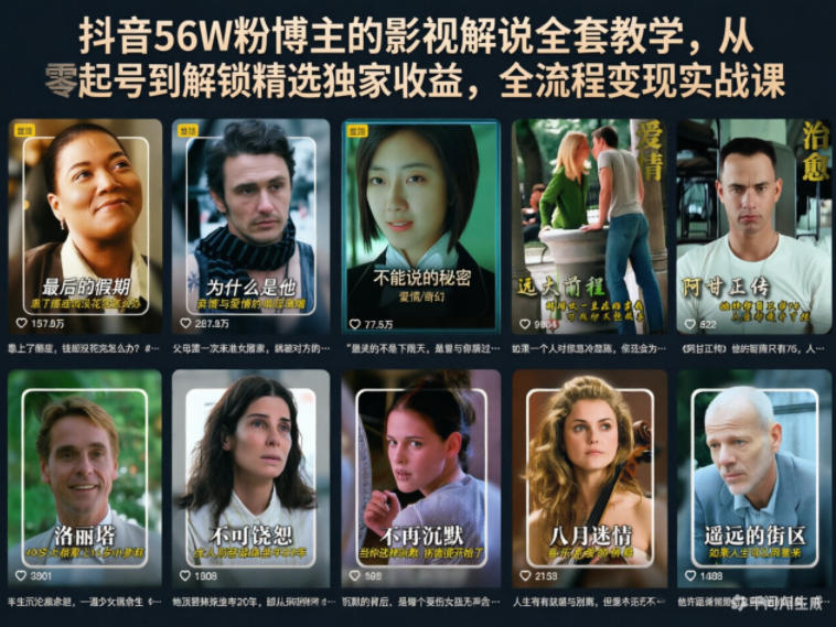 抖音56W粉博主的影视解说全套教学,从零起号到解锁精选独家收益,全流程变现实战课-云网创