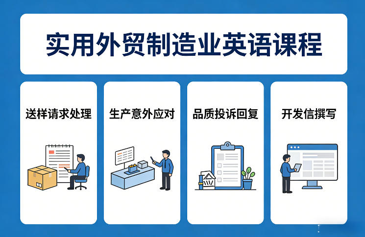实用外贸制造业英语课程，教你专业处理送样请求、应对生产意外、回复品质投诉、撰写开发信等-云网创