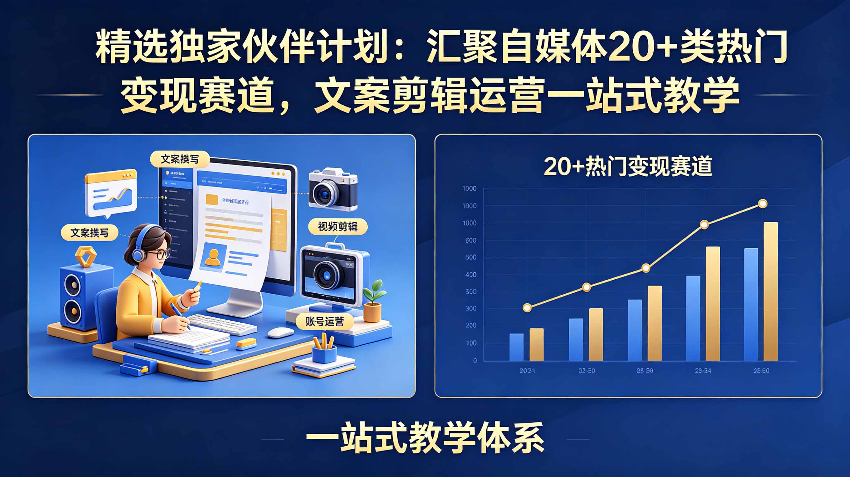 精选独家伙伴计划:汇聚自媒体20+类热门变现赛道,文案剪辑运营一站式教学-云网创