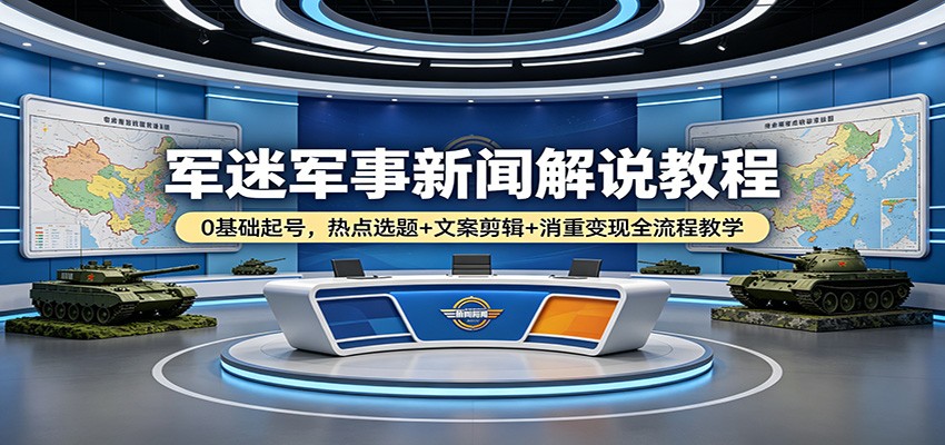 军迷军事新闻解说教程：0基础起号，热点选题+文案剪辑+消重变现全流程教学-云网创
