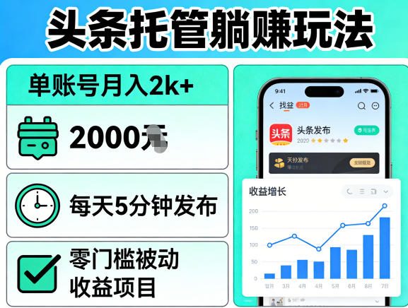 头条托管躺賺玩法，单账号月入2k+，每天5分钟发布即可，零门槛被动收益项目【揭秘】-云网创