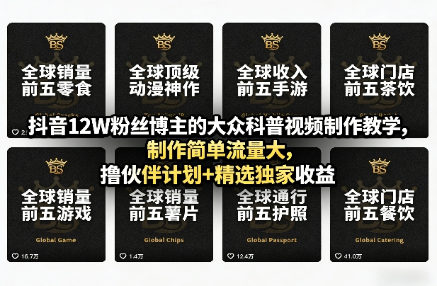抖音12W粉丝博主的大众科普视频制作教学,制作简单流量大,撸伙伴计划+精选独家收益-云网创