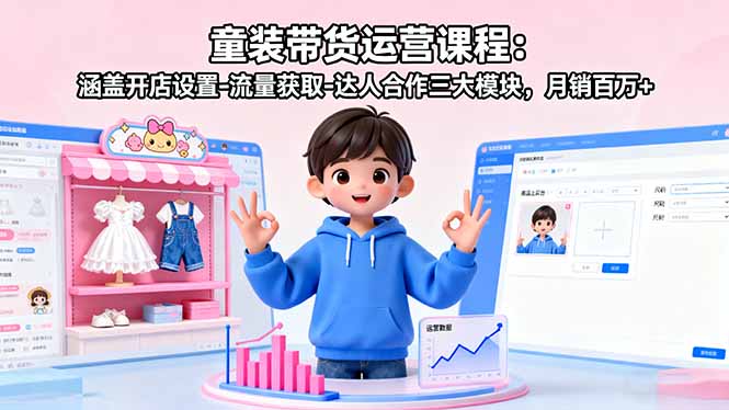 童装带货运营课程:涵盖开店设置-流量获取-达人合作三大模块,月销百万+-云网创