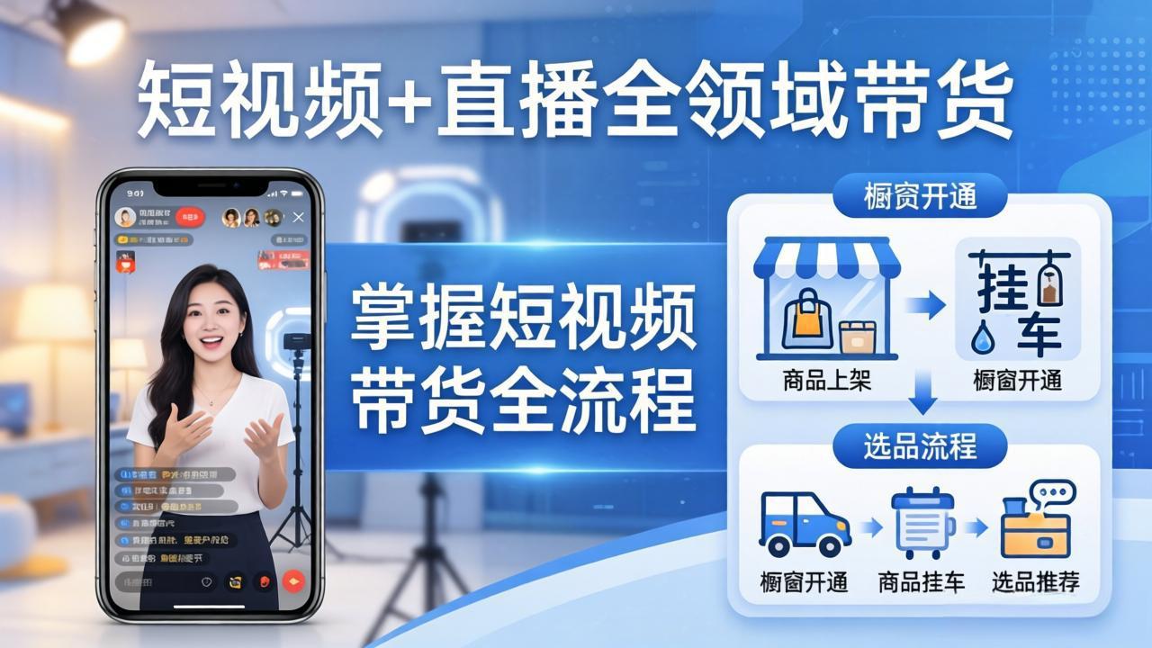 短视频+直播全领域带货-更新：掌握橱窗开通、挂车、选品、爆款文案改编等短视频带货全流程-云网创