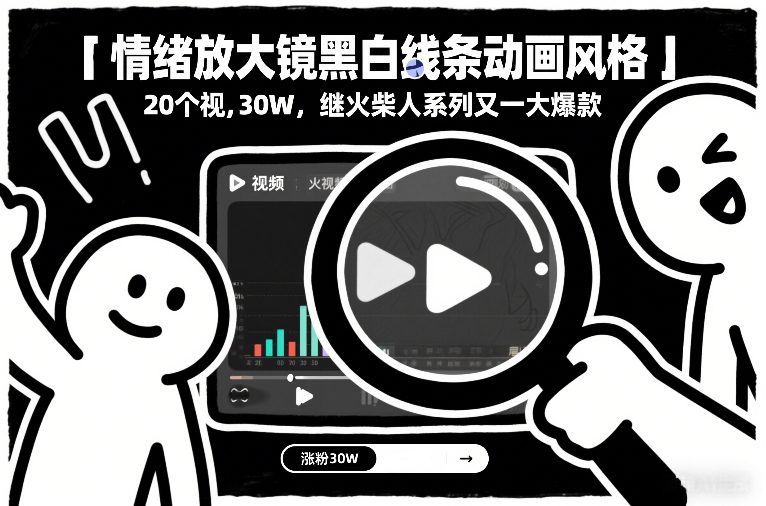 情绪放大镜黑白线条动画风格,20个视频,涨粉30W,继火柴人系列又一大爆款-云网创