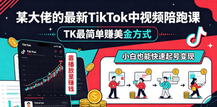 某大佬的最新TikTok中视频陪跑课，TK最简单賺美金方式，靠播放量賺钱，小白也能快速起号变现-云网创