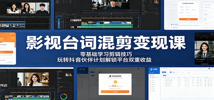 影视台词混剪变现课:零基础学习剪辑技巧,玩转抖音伙伴计划解锁平台双重收益-云网创