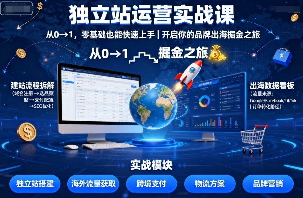 独立站运营实战课，从0到1，零基础也能快速上手，开启你的品牌出海掘金之旅-云网创