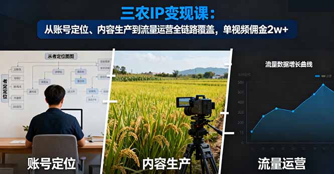 三农IP变现课:从账号定位、内容生产到流量运营全链路覆盖,单视频佣金2w+-云网创