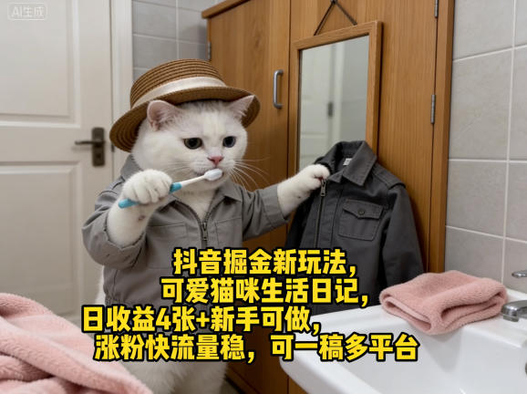 抖音掘金新玩法,可爱猫咪生活日记,日收益4张+新手可做,涨粉快流量稳,可一稿多平台-云网创