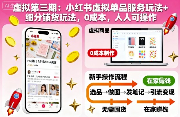 虚拟第三期：小红书虚拟单品服务玩法+细分铺货玩法，0成本，人人可操作-云网创