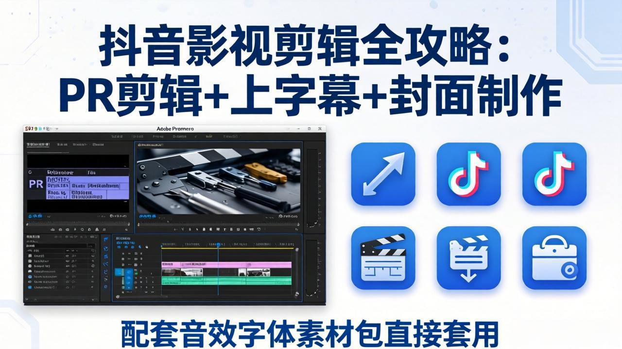 抖音影视剪辑全攻略:PR剪辑+上字幕+封面制作,配套音效字体素材包直接套用-云网创