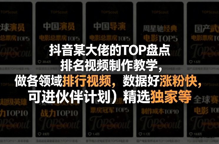 抖音某大佬的TOP盘点排名视频制作,做各领域排行视频,数据好涨粉快,可进伙伴计划+精选独家等-云网创