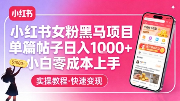 小红书女粉黑马项目，单篇帖子日入1k+，小白零成本上手-云网创