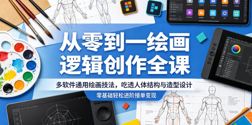 从零到一绘画逻辑创作全课,多软件通用绘画技法,吃透人体结构与造型设计,零基础轻松进阶接单变现-云网创