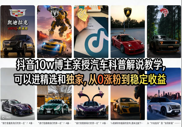 抖音10w博主亲授汽车科普解说教学,可以进精选和独家,从0涨粉到稳定收益(详细视频课程+1T素材)-云网创