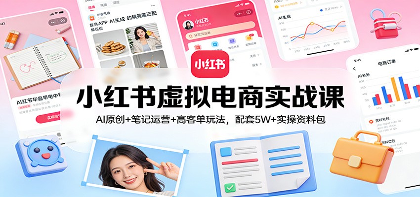 小红书虚拟电商实战课：AI原创+笔记运营+高客单玩法，配套5W+实操资料包-云网创