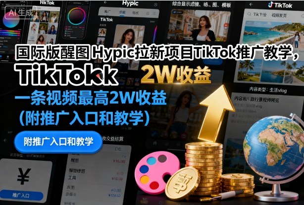 国际版醒图Hypic拉新项目TikTok推广教学，一条视频最高2W收益(附推广入口和教学)-云网创