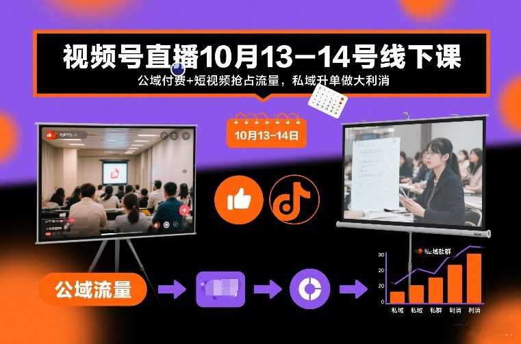 视频号直播10月13-14号线下课,公域付费+短视频抢占流量,私域升单做大利消-云网创