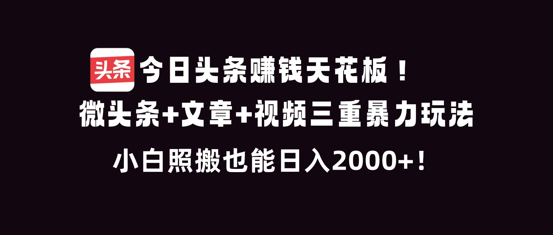 今日头条赚钱天花板!微头条+文章+视频三重暴利玩法,小白照搬也能日人2000+-云网创