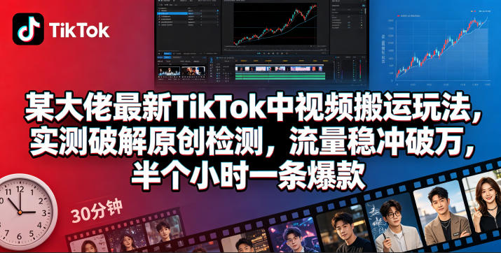某大佬最新TikTok中视频搬运玩法,实测破解原创检测,流量稳冲破万,半个小时一条爆款-云网创
