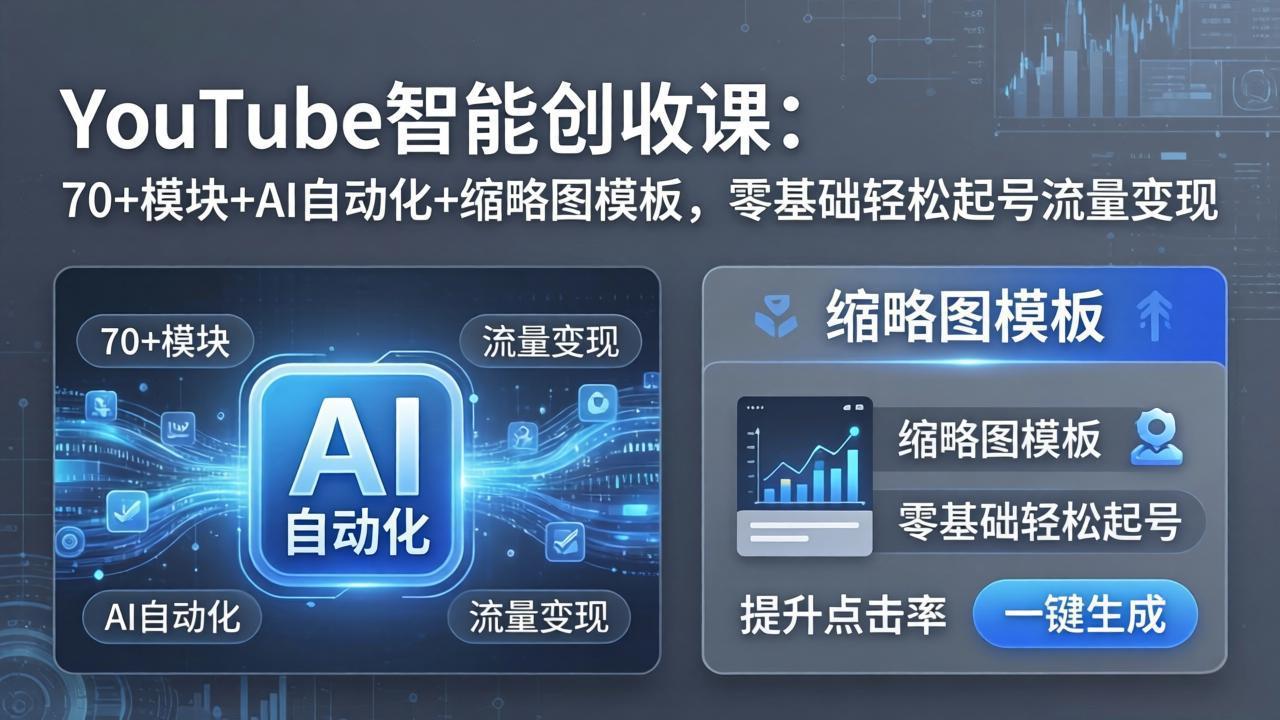 YouTube智能创收课：70+模块+AI自动化+缩略图模板，零基础轻松起号流量变现-云网创