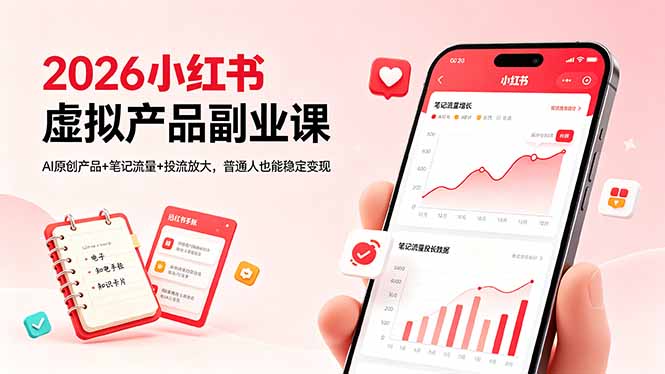 2026小红书虚拟产品副业课，AI原创产品+笔记流量+投流放大，普通人也能稳定变现-云网创