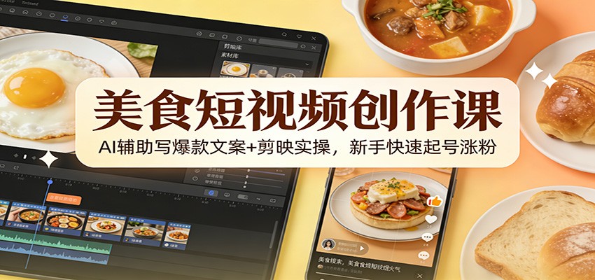 美食短视频创作课:AI辅助写爆款文案+剪映实操,新手快速起号涨粉-云网创
