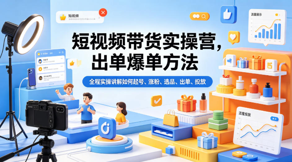 短视频带货实操营，出单爆单方法，全程实操讲解如何起号、涨粉、选品、出单、投放-云网创