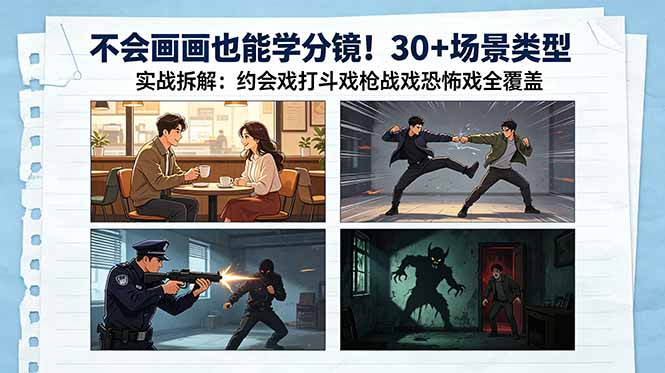 不会画画也能学分镜!30+场景类型实战拆解:约会戏打斗戏枪战戏恐怖戏全覆盖-云网创